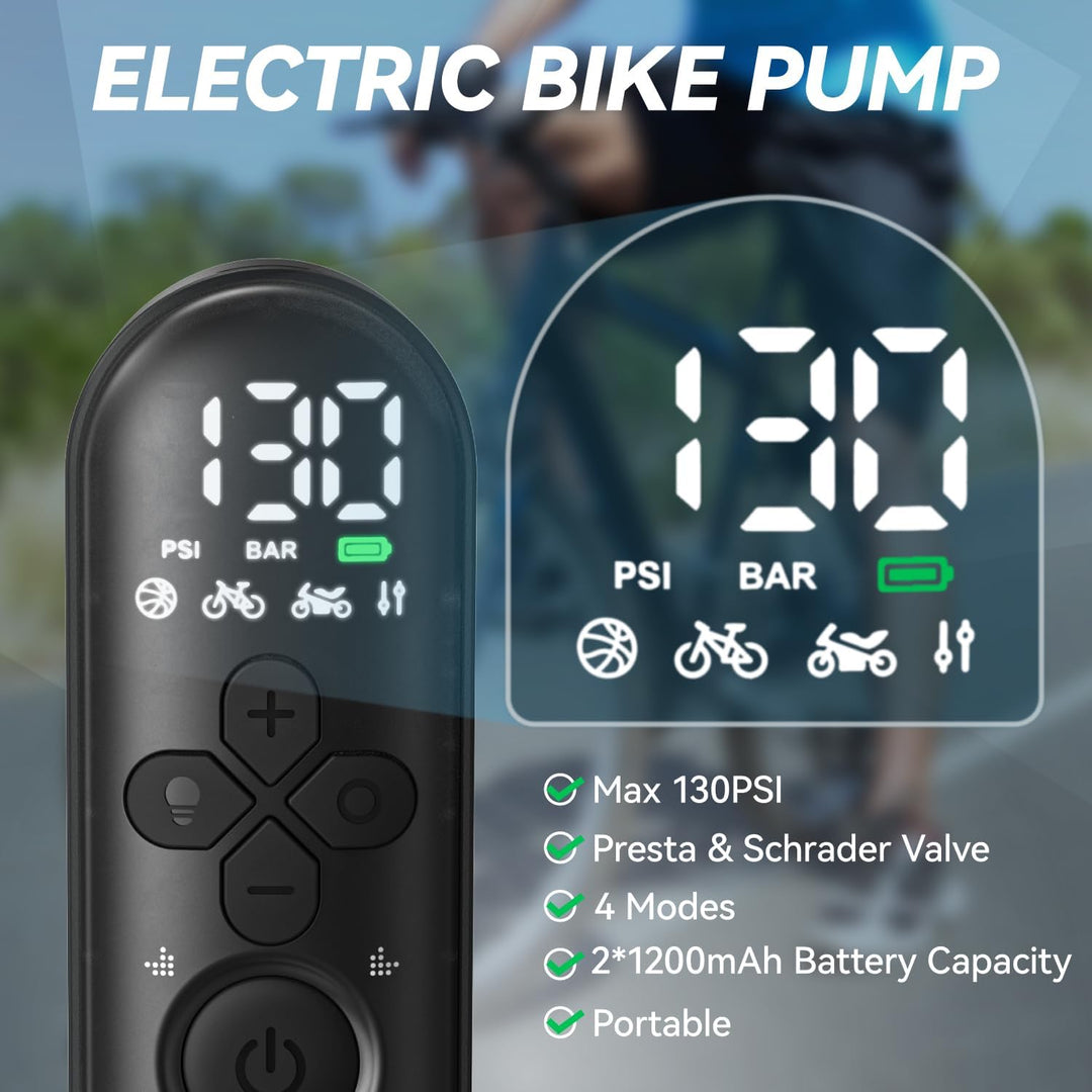 Fahrradpumpe Elektrisch, Fahrradzubehör 130 PSI Elektrische Minipumpe mit Manometer, Auto-Off und LE