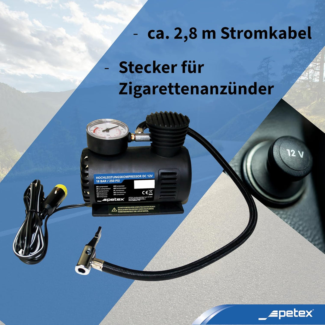 PETEX 445100 Reifenpannenset inklusive Luftkompressor 12V, 18 bar, inklusive 3-Teilig Adapterset und