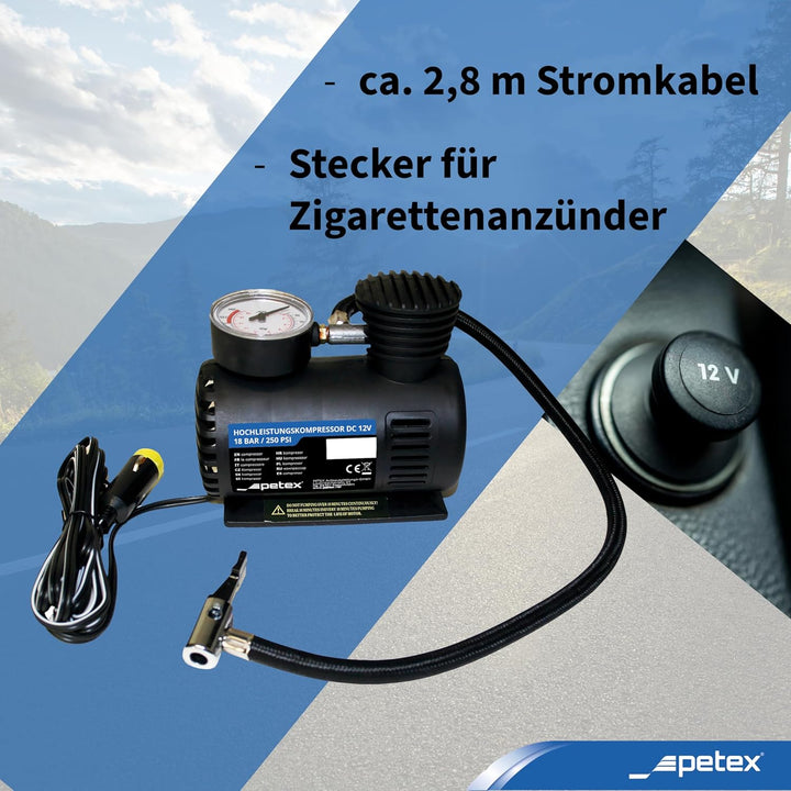 PETEX 445100 Reifenpannenset inklusive Luftkompressor 12V, 18 bar, inklusive 3-Teilig Adapterset und