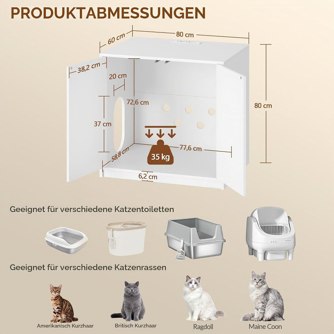 Katzenklo Schrank Versteckt mit Steckdosen, 80 x 60 x 80 cm, Weiss | Katzenschrank Möbel mit USB, fü