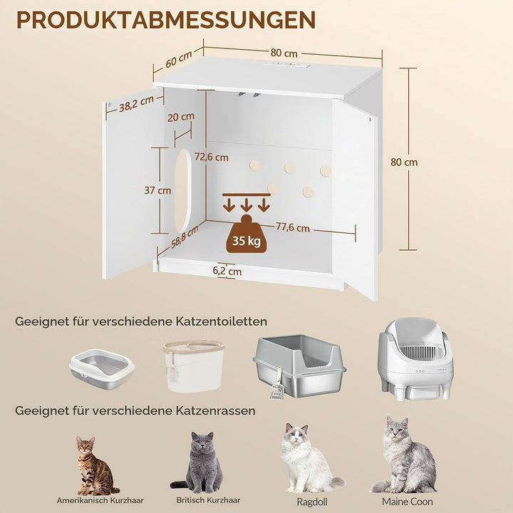 Katzenklo Schrank Versteckt mit Steckdosen, 80 x 60 x 80 cm, Weiss | Katzenschrank Möbel mit USB, fü