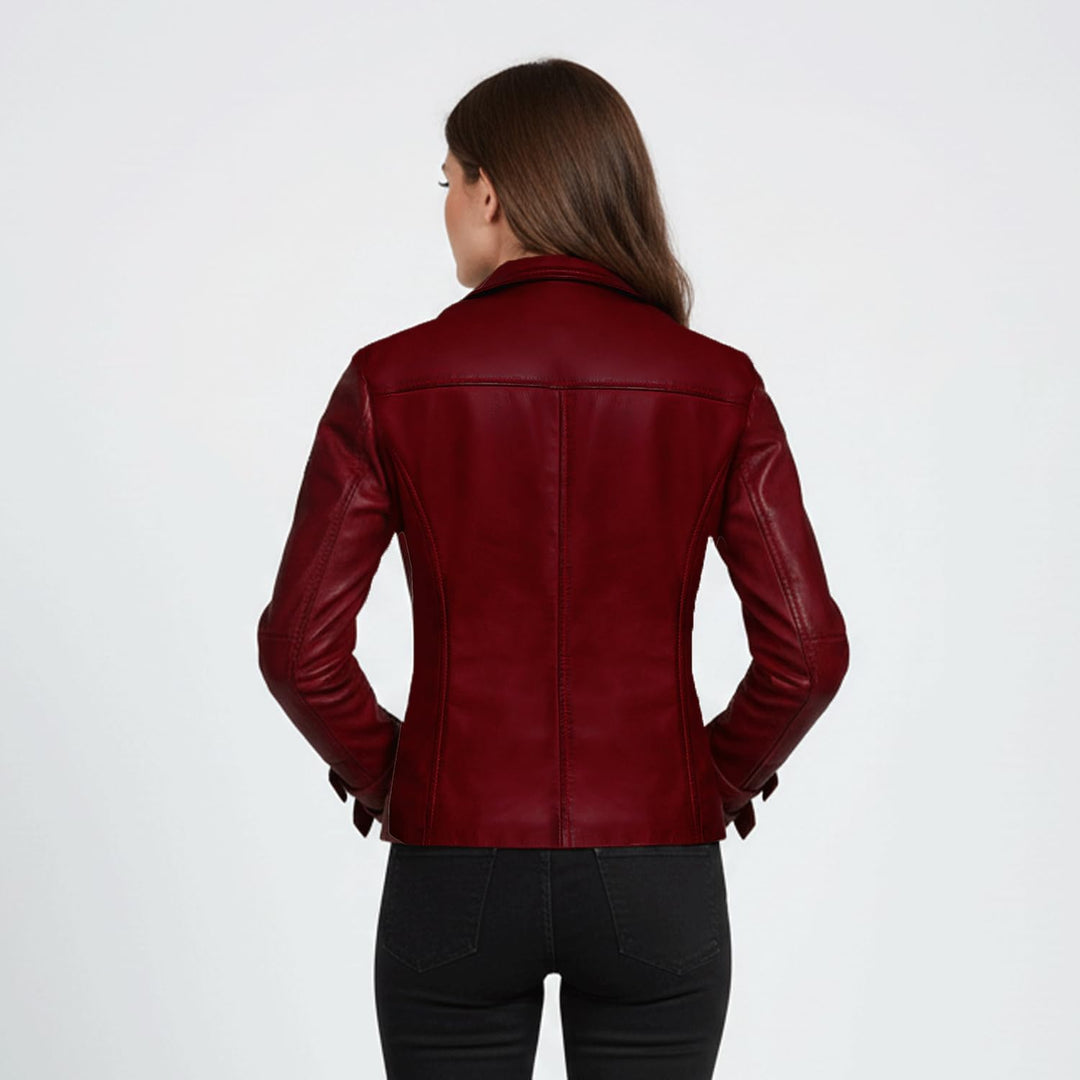 Poula Damen Lederjacke - Modernen Biker-Look - Echt Leder Jacke Rot Tailliert mit Reverskragen aus f