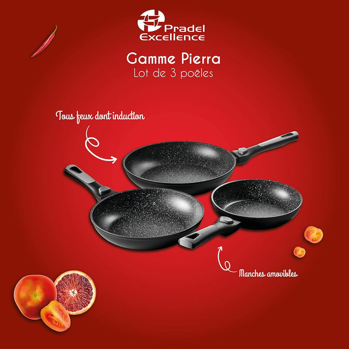 Pradel Excellence - Set mit 3 Pfannen – mit abnehmbaren Griffen – Antihaftbeschichtung in Steinoptik