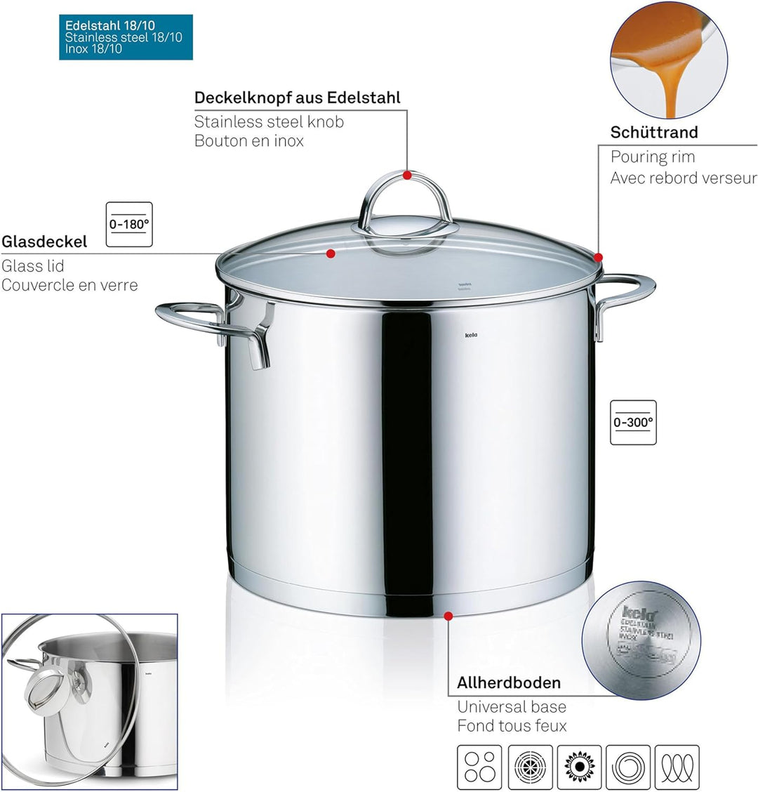Kela 10961 Gemüsetopf, 9 l Fassungsvermögen, 24 cm Durchmesser, 18/10 Edelstahl mit Glanzoptik, Indu