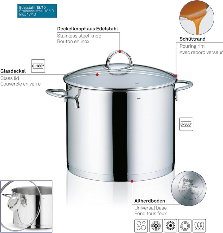 Kela 10961 Gemüsetopf, 9 l Fassungsvermögen, 24 cm Durchmesser, 18/10 Edelstahl mit Glanzoptik, Indu