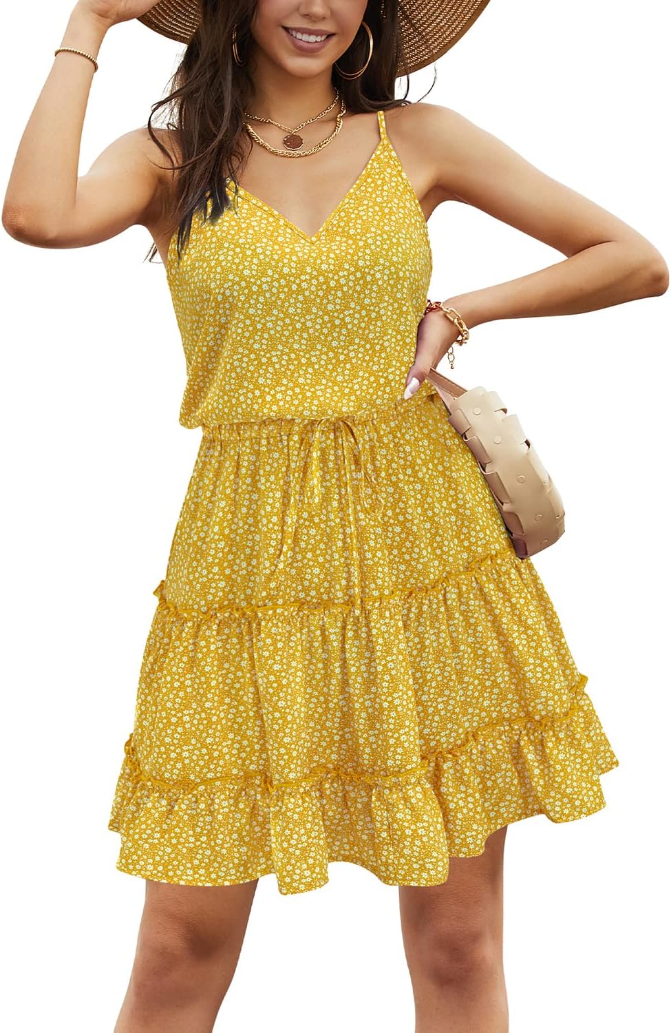 Newshows Sommerkleid Damen Knielang Spaghettiträger Kleid V-Ausschnitt Strandkleider M A1floral 02,