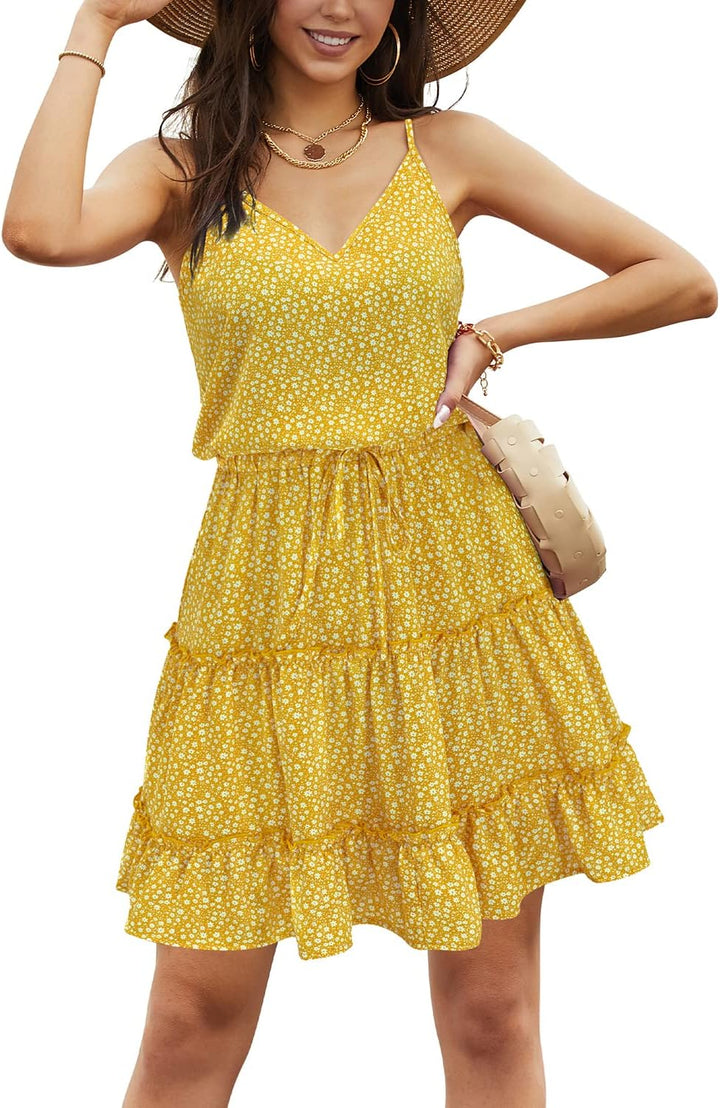 Newshows Sommerkleid Damen Knielang Spaghettiträger Kleid V-Ausschnitt Strandkleider M A1floral 02,