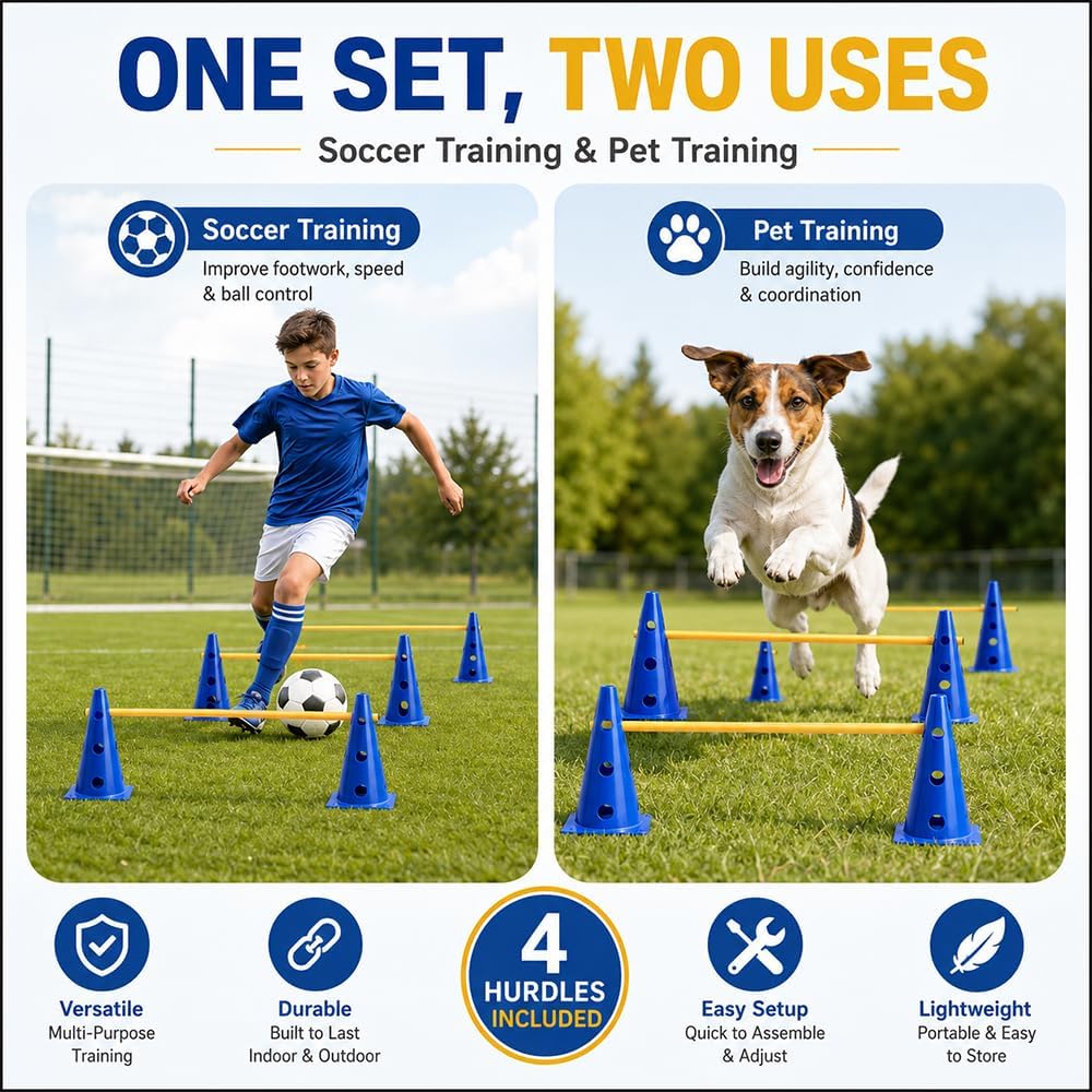 Steckhürdenset, Agility Set Hunde mit 8 Kegel(23cm) + 4 Stangen(1 m), Cavaletti Hund für Koordinatio