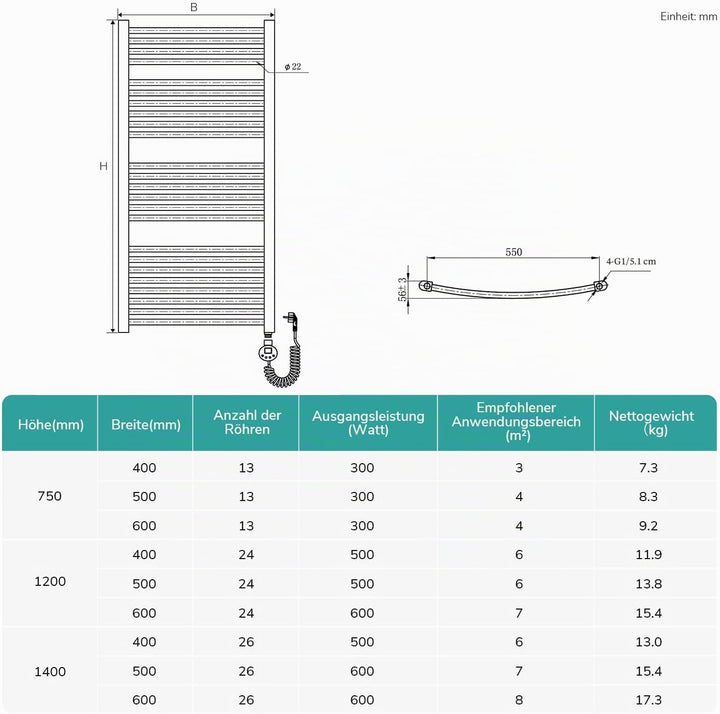 EMKE WiFi Badheizkörper Elektrisch 1200x600 mm - Gebogen Handtuchheizkörper Elektrisch, Elektrischer