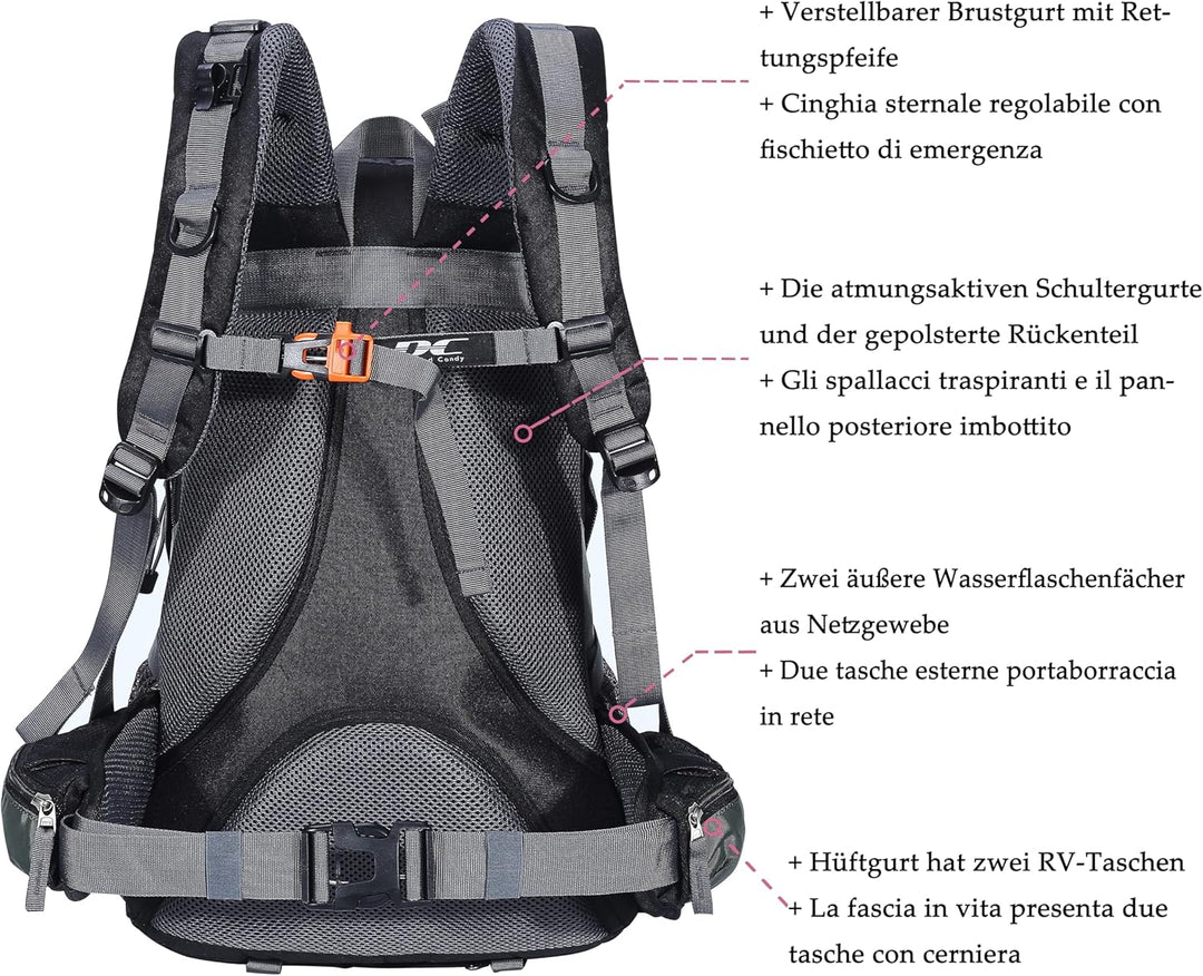 Wanderrucksack 40l Damen Herren Rucksack Wasserdicht Reiserucksack mit Regenschutz Dunkelgrau, Dunke