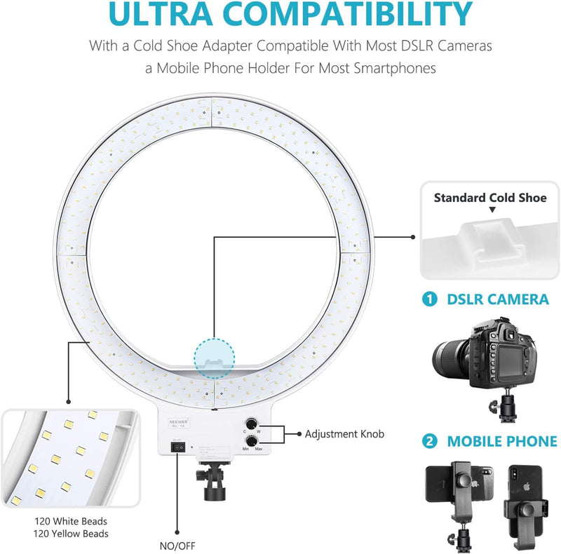Neewer 18 Zoll weisses LED Ringlicht mit Lichtstativ Set dimmbar 50W 32000-5600K,Blitzschuh Adapter,