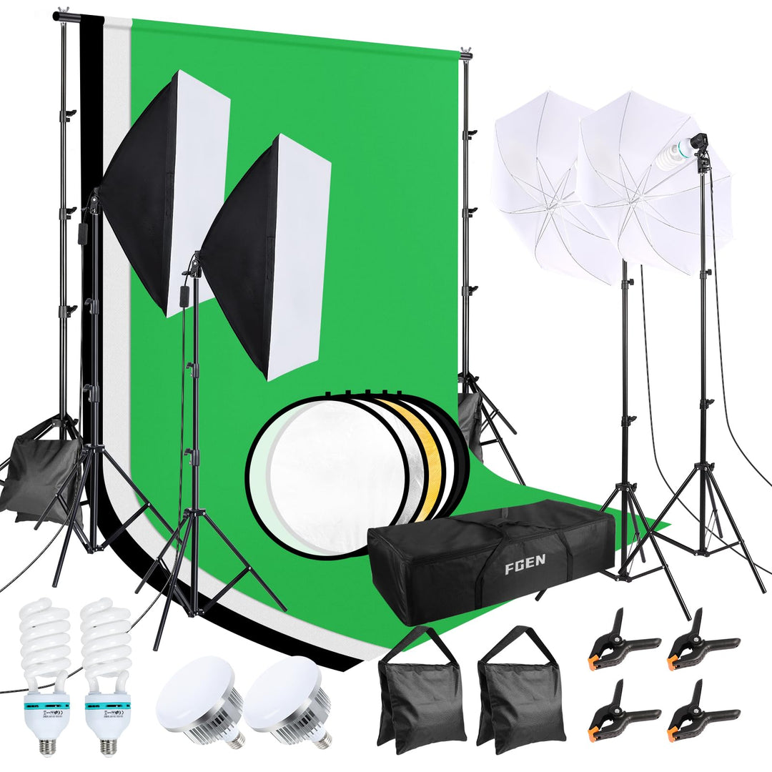 Softbox Fotostudio Set, FGen Baumwolle Greenscreen Set 2.6Mx3M Fotostudio Hintergrundsystem mit 135W