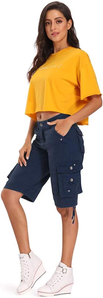 Aeslech Shorts für Frauen mit mehreren Taschen, Cargo-Casual Sommer 42 Dunkelblau, 42 Dunkelblau