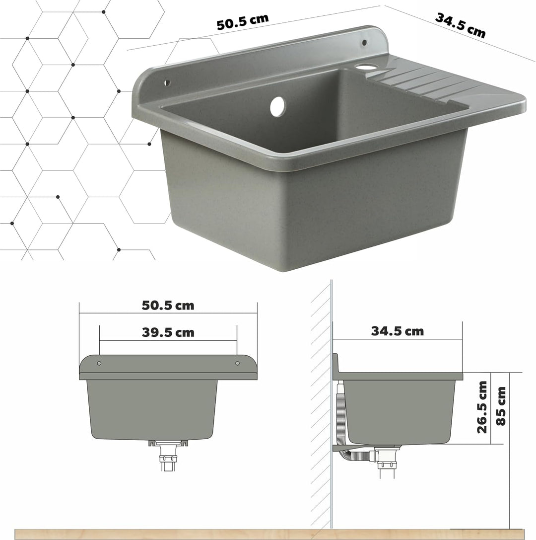 GOSPO Ausgussbecken aus Polypropylen, 50,4 x 34 x 26,5 cm, Spülbecken mit Armatur, Siphon und Montag