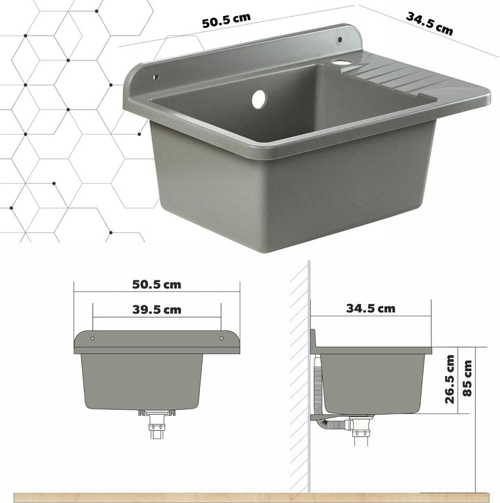 GOSPO Ausgussbecken aus Polypropylen, 50,4 x 34 x 26,5 cm, Spülbecken mit Armatur, Siphon und Montag