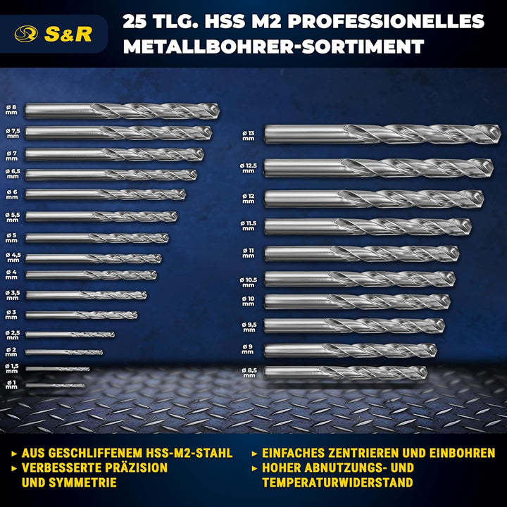 S&amp;R Metallbohrer-Set 25 teilig, ø 1-13 mm, 118° Spitzenwinkel, GM-Serie, HSS-Stahl, Industrie-Qualit