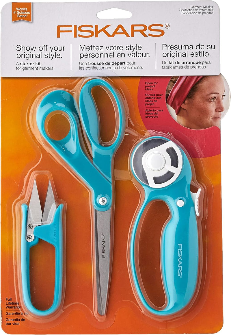 Fiskars 154233-1002 Starter-Set zur Bekleidungsherstellung, 3 Stück, Edelstahl, Türkis/Ausflug, einf