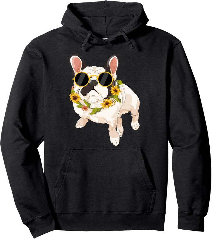 Hippie Hund Gelbe Sonnenblumen Französische Bulldogge Pullover Hoodie