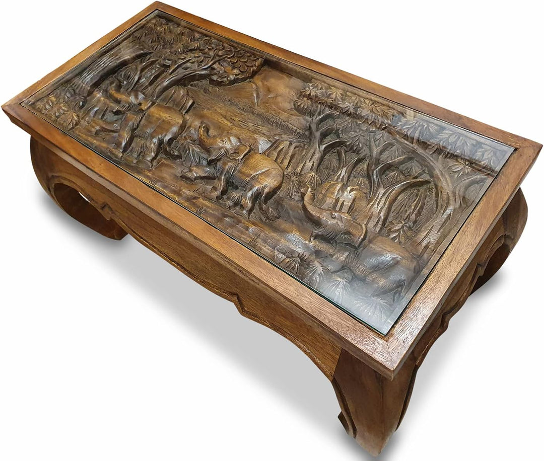 Kinaree Akazie Couchtisch Natur mit Elefanten oder Drachen Schnitzerei und Glasplatte (Elefant II, K