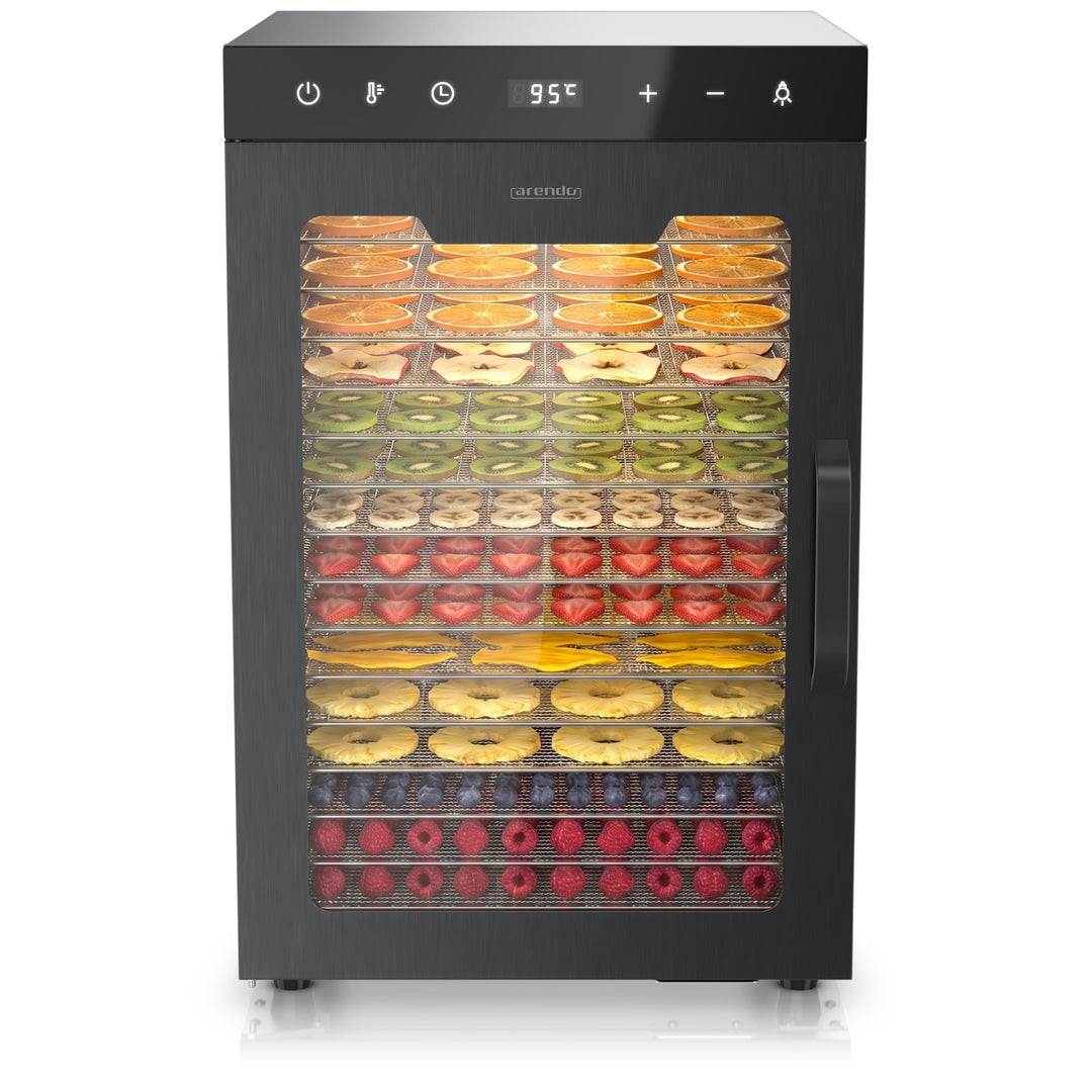 Arendo - Dörrautomat Edelstahl mit 16 Edelstahlgitter - 1000 Watt - 13400 cm² - 8 Programme - Dörrge