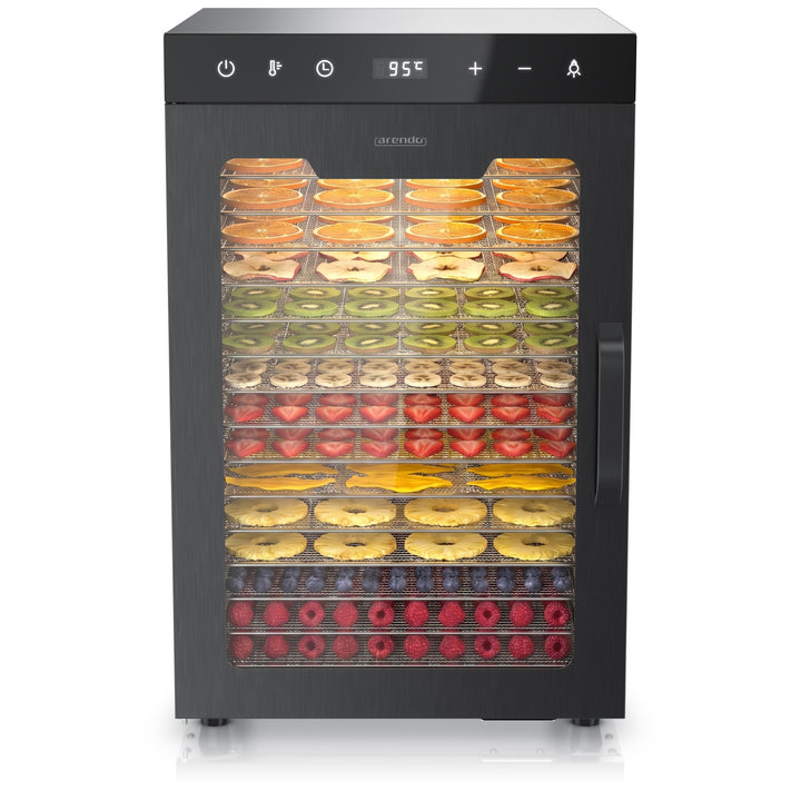 Arendo - Dörrautomat Edelstahl mit 16 Edelstahlgitter - 1000 Watt - 13400 cm² - 8 Programme - Dörrge