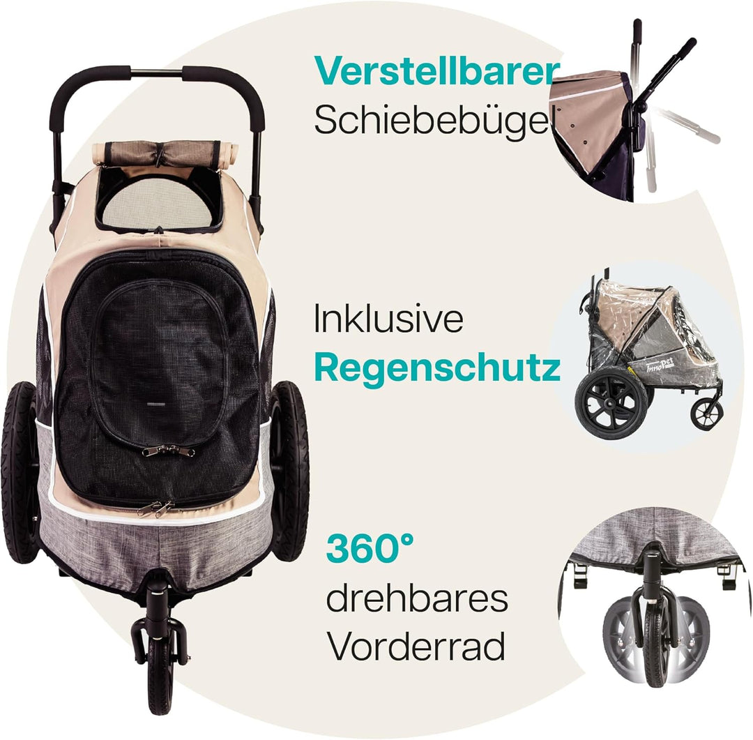 Innopet Sporty Evolution Latte 2-in-1 Hundebuggy und Fahrradanhänger für Hunde - Beige/Grau, 30kg Tr