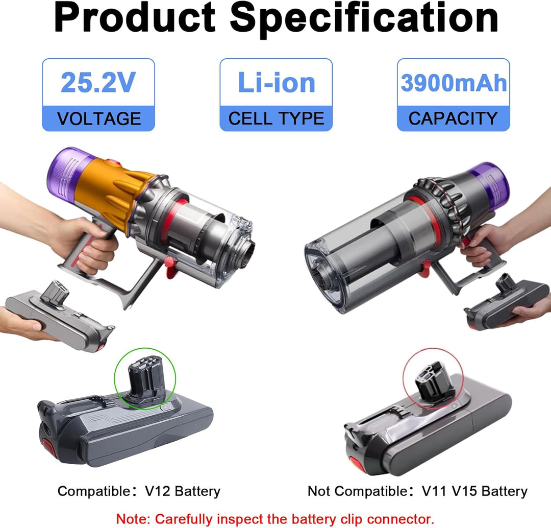 25,2 V 3900 mAh Dyson V12, Li-Ionen-Ersatzakku, kompatibel mit Dyson V12 Detect Slim SV20 SV30 SV35