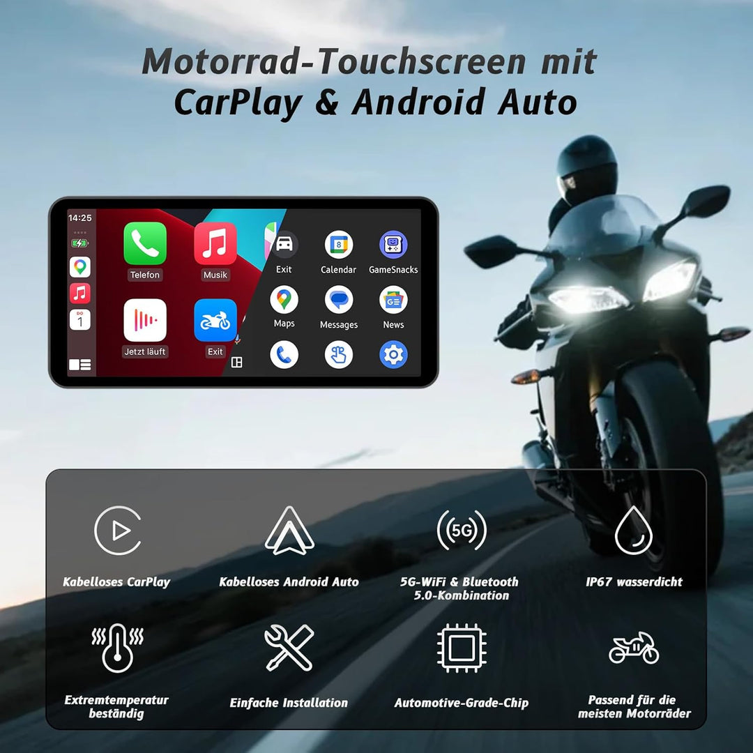 5.5-Zoll-Motorrad-Smart-Display – Kabelloses CarPlay & Android Auto | Bluetooth-Sprachsteuerung | IP