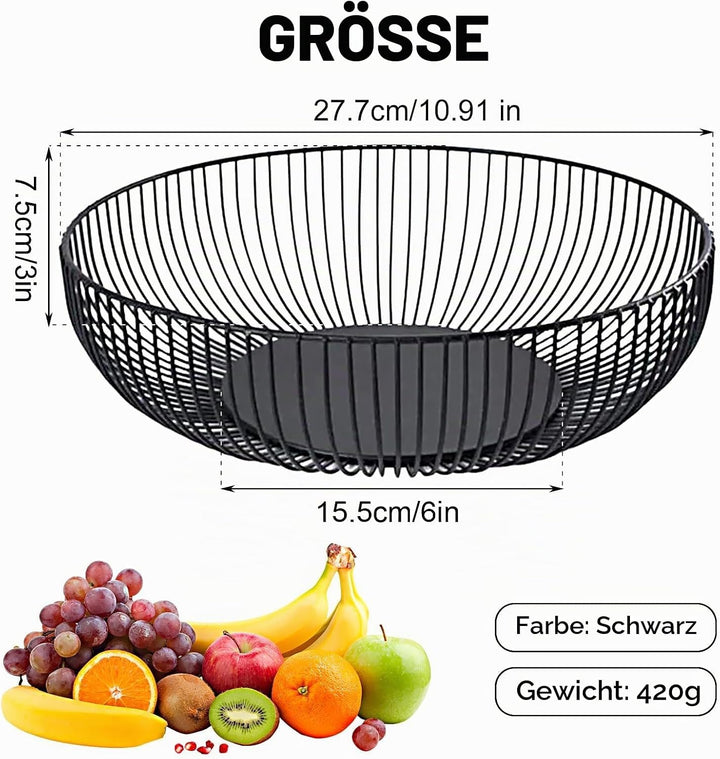 2er Set Obstkorb 28 cm - Obstkorb aus Metall in Schwarz Drahtdesign - Runder Korb für Küche, Brot un