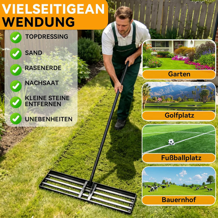 Warmfay Rasenrechen 45x25 cm inkl. 2M Verstellbarem Metallstiel mit Gewinde-Verschraubungssystem, Ha