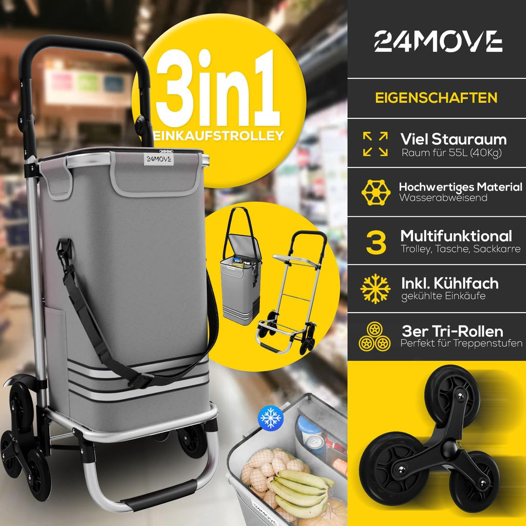 24MOVE® Einkaufstrolley Alegre klappbar mit 55L inkl. Kühlfach, Faltbarer 3in1 Trolley - Sackkarre u