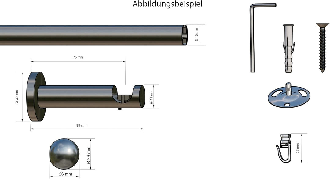 indeko COLUMBES, Gardinenstange mit Innenlauf Ø 16 mm auf Mass, 1-Lauf, edelstahloptik, Komplettset