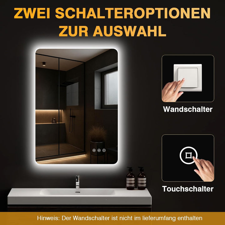 Badezimmerspiegel mit Beleuchtung 50 x 70cm, LED Spiegel Bad mit Antibeschlag, 3 Lichtfarben, Dimmba