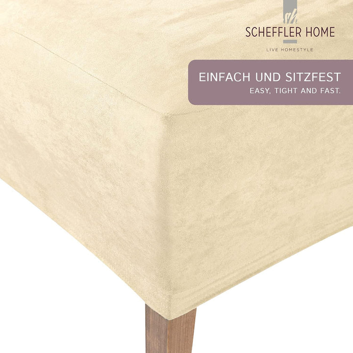 SCHEFFLER-Home Stuhlhussen 4er Set Leon Ecru/elastische Wildleder Hussen für Stühle/Robustes Freisch