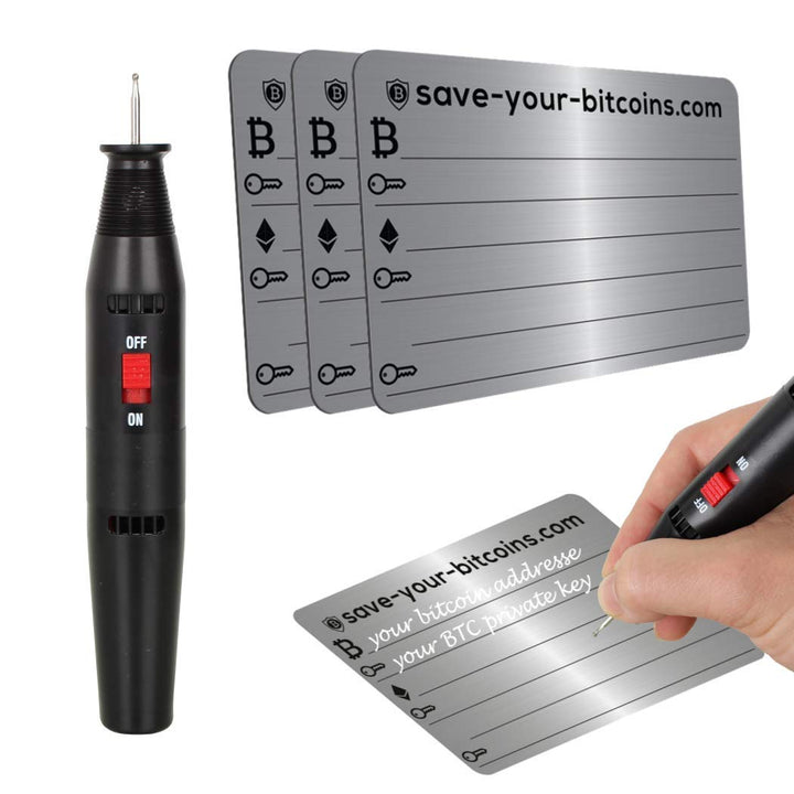 Save-Your-Bitcoins Private Key - Recovery Metallplatte aus Edelstahl (V4A), Kit mit 3 Platten + Grav