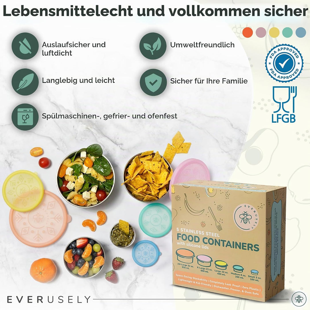 Everusely – Brotdose aus rostfreiem Stahl, auslaufsicher, mit Deckel – 5er-Set, Sorbet-Kollektion –