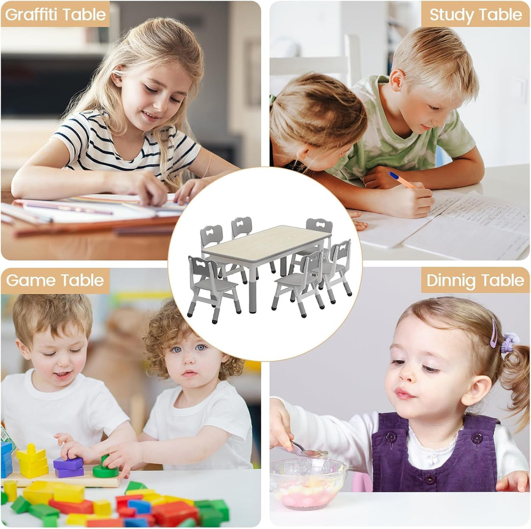 Garvee Kindertisch- und 6-Stuhl-Set, höhenverstellbares Kindertisch- und Stuhlset für Kinder von 2-1