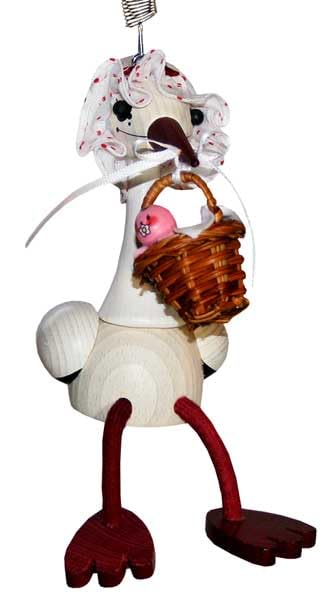 Schwingfigur Storch mit Korb und Baby, ca. 16cm, Holz
