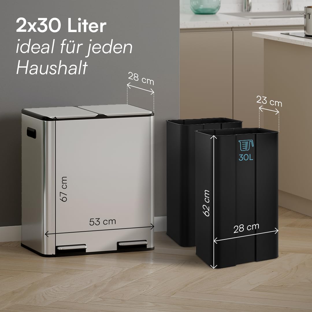 STEELSØN Elyron Mülleimer 2 Fächer – Mülltrennsystem Küche 2x30L aus Edelstahl Silber – Tretmülleime