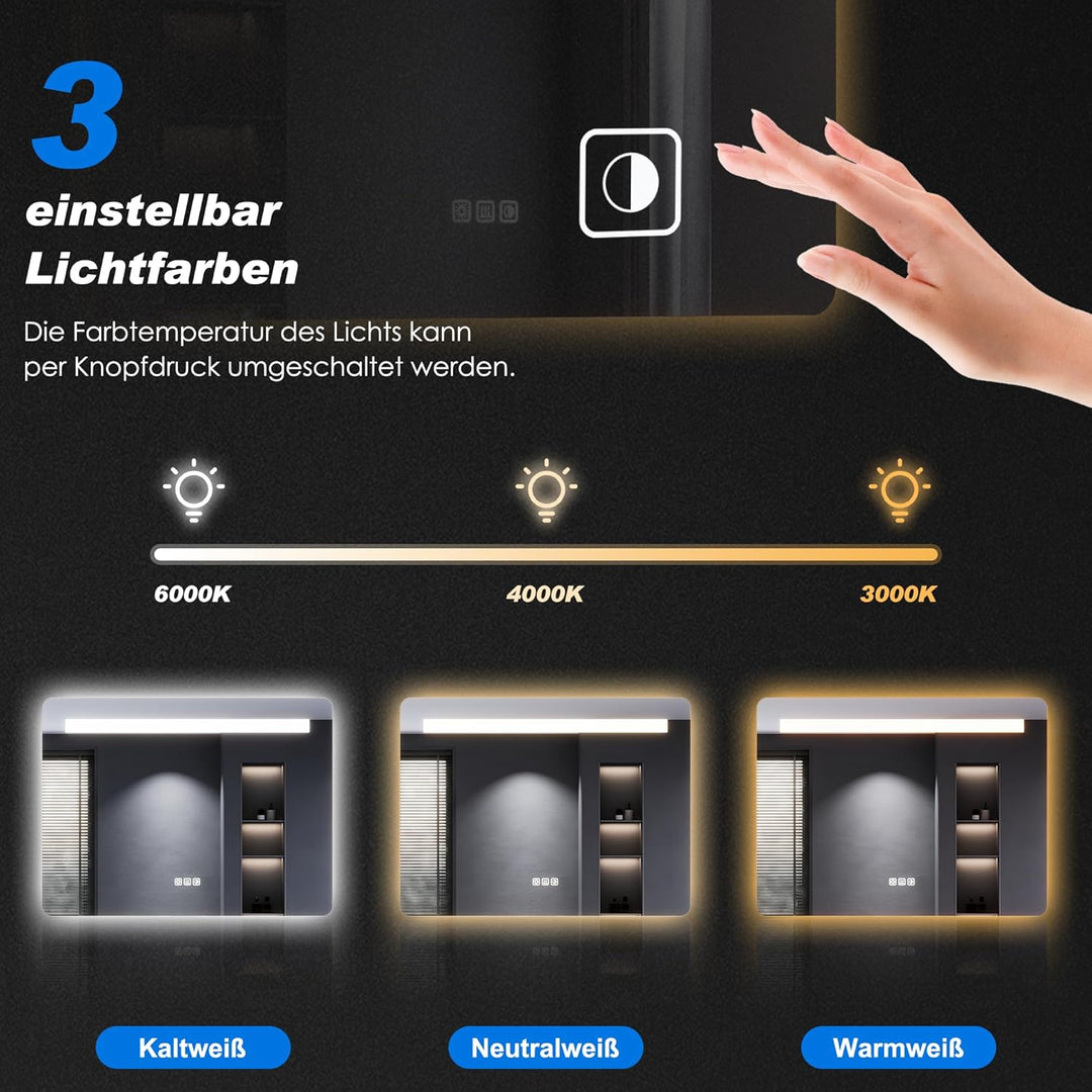 SONNI Badspiegel mit Beleuchtung 80x60 cm, LED Spiegel mit Touch Schalter & Gedächtnisfunktion, 3 ei