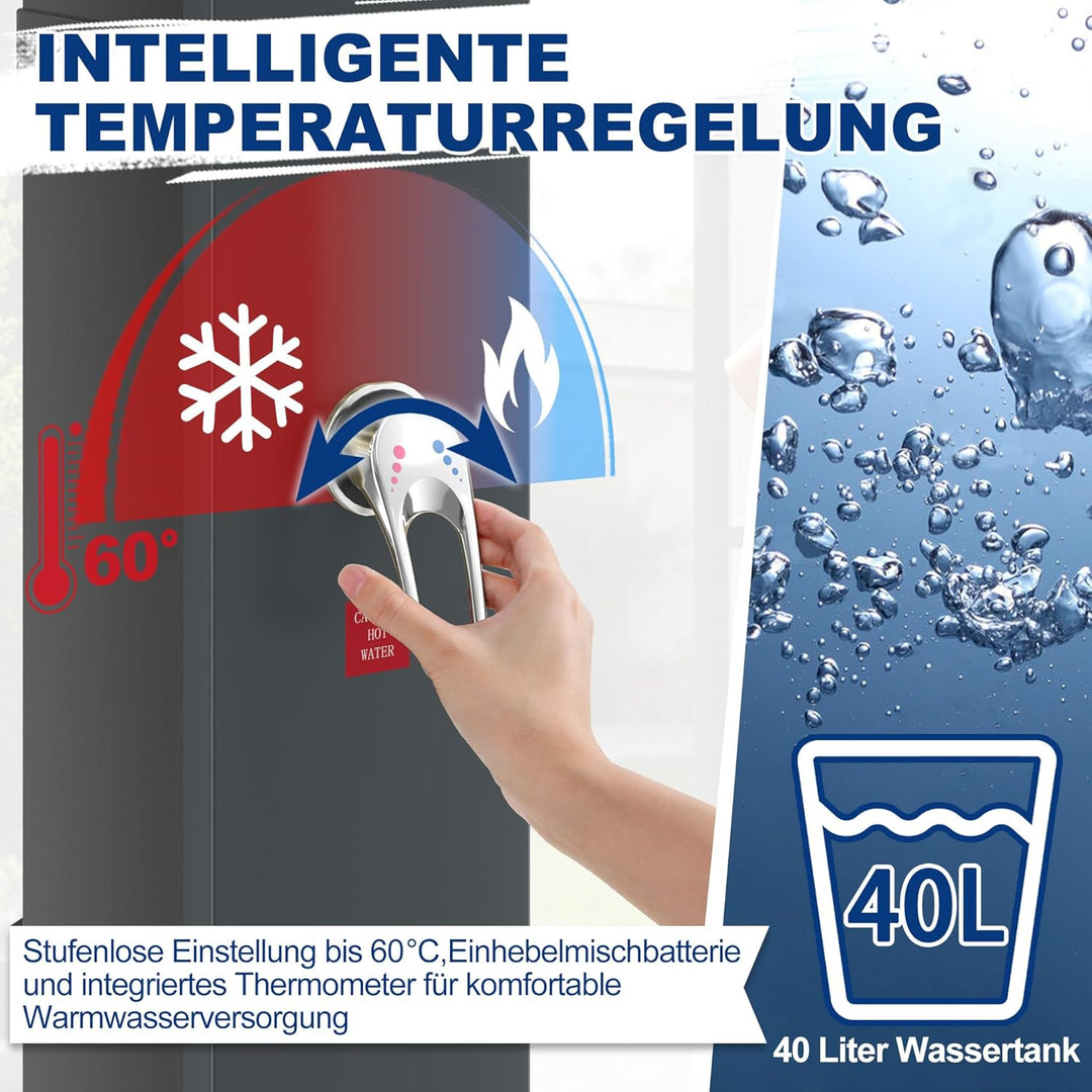 AufuN Solardusche Gartendusche 40L mit Chrom & Edelstahl, Warmwasser bis 60°C ohne Strom, 15cm Dusch
