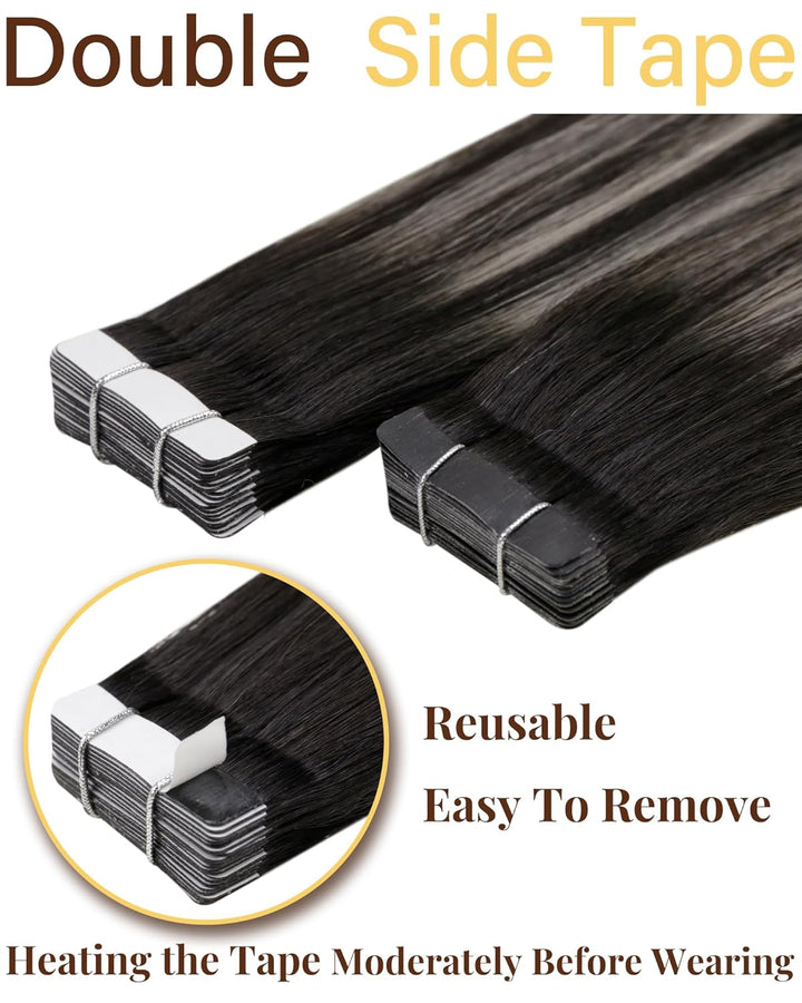Hetto Tape In Extensions Echthaar Schwarz & Silber Balayage 20Stück - Unsichtbare Tape Extensions fü