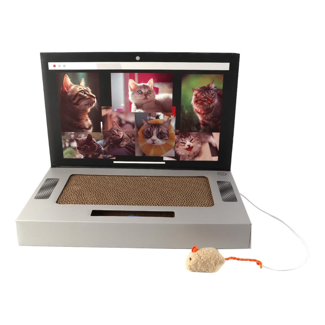 Laptopförmiges Katzenkratzkissen Mit Plüschmaus Aus Alter Zeit. Robuste Wellpappe. Faltbares, Platzs