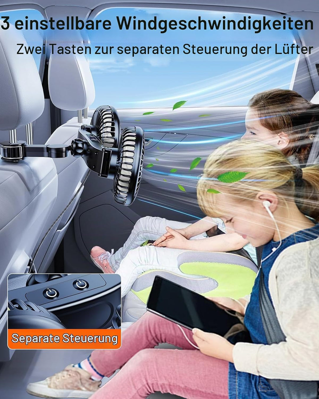 USB Ventilator Auto für Rücksitz mit 360° drehbardrehbar | Getrennte Steuerung, 5V/2A USB, geeignet