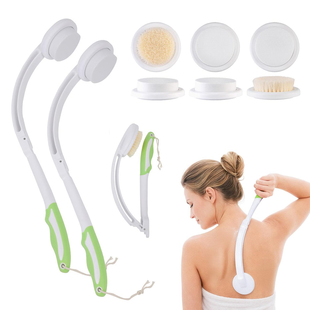Eincremhilfen: 2er-Set Rücken-Eincremehilfen & Duschbürsten, 6 Köpfe, klappbar 41,5cm (Rückeneincrem