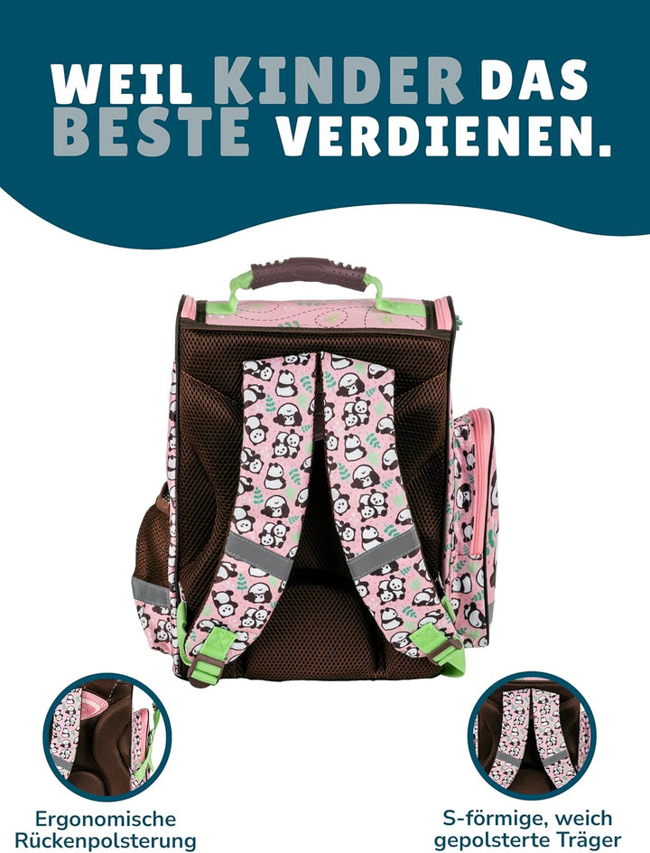 Familando - Schulranzen Set - 8-teilig mit Federmappe - Panda Bär - Ergonomisch, stabil &amp; mit gepols