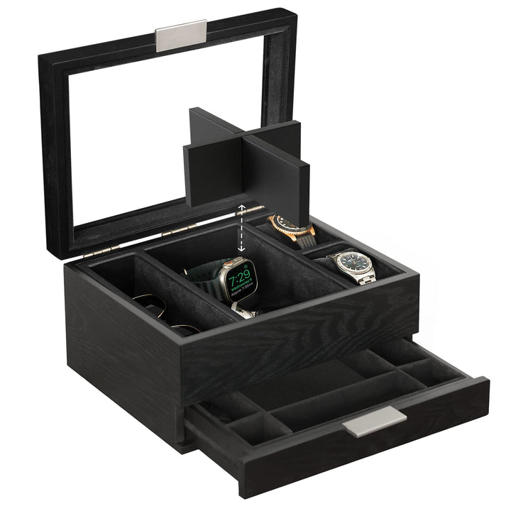 CASE ELEGANCE Uhrenbox mit 8 Fächern für Herren, schwarz, Uhrenvitrine, modulares Valet-Tablett, App