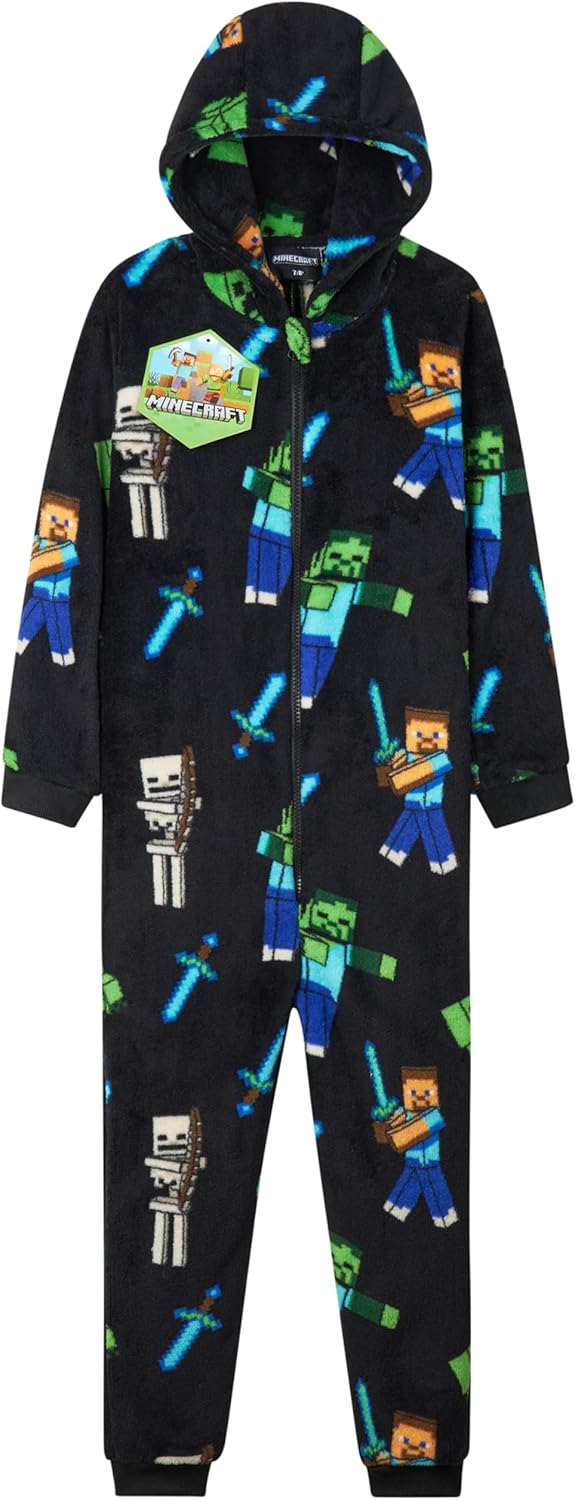 Minecraft Fleece Jumpsuit Kinder Jungen Schlafoverall mit Kapuze, Gamer Geschenke für Kinder Teenage