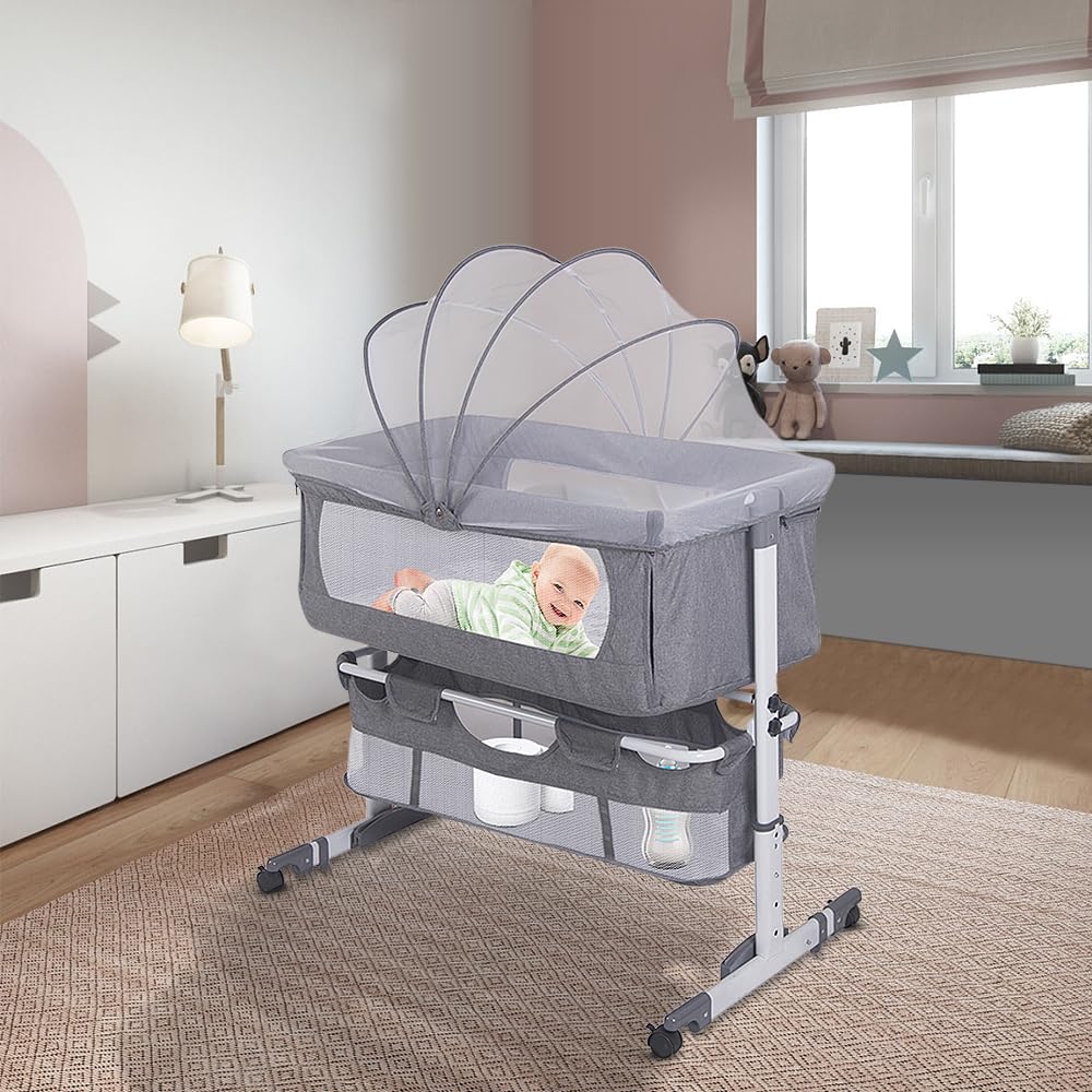 3 in 1 Babybett 5 Fach Höhenverstellung und Neigungsverstellung mit Bremse Stubenwagen Beistellbett