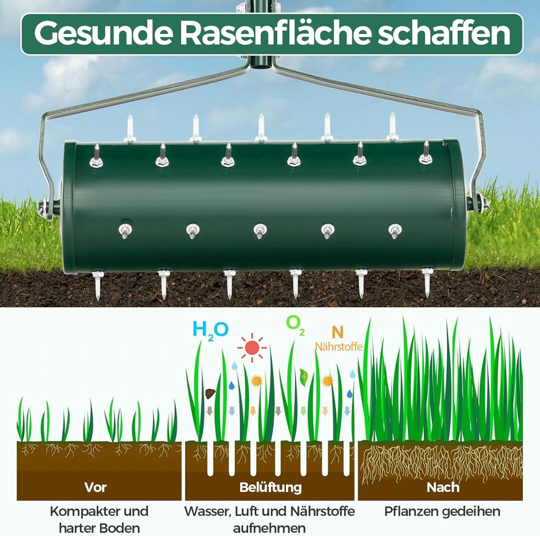 RELAX4LIFE Rollender Rasenlüfter, Rasenrolle mit 53 cm Breite, Handvertikutierer mit Stiel & Nägeln,